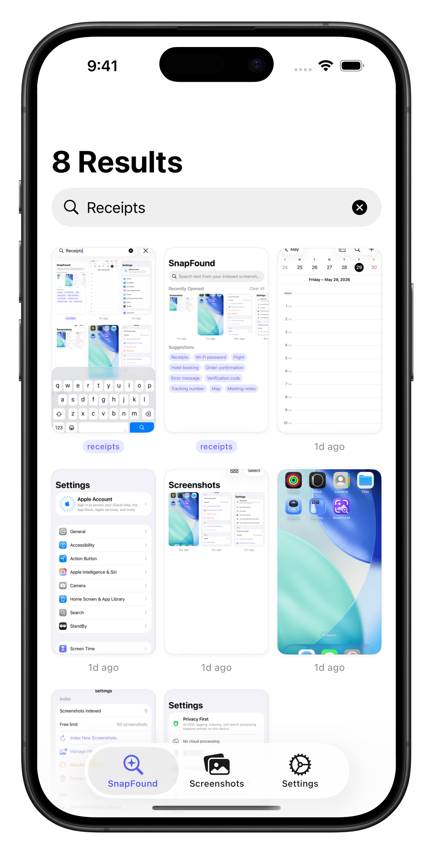 SnapFound full-text search finding a screenshot on iPhone
