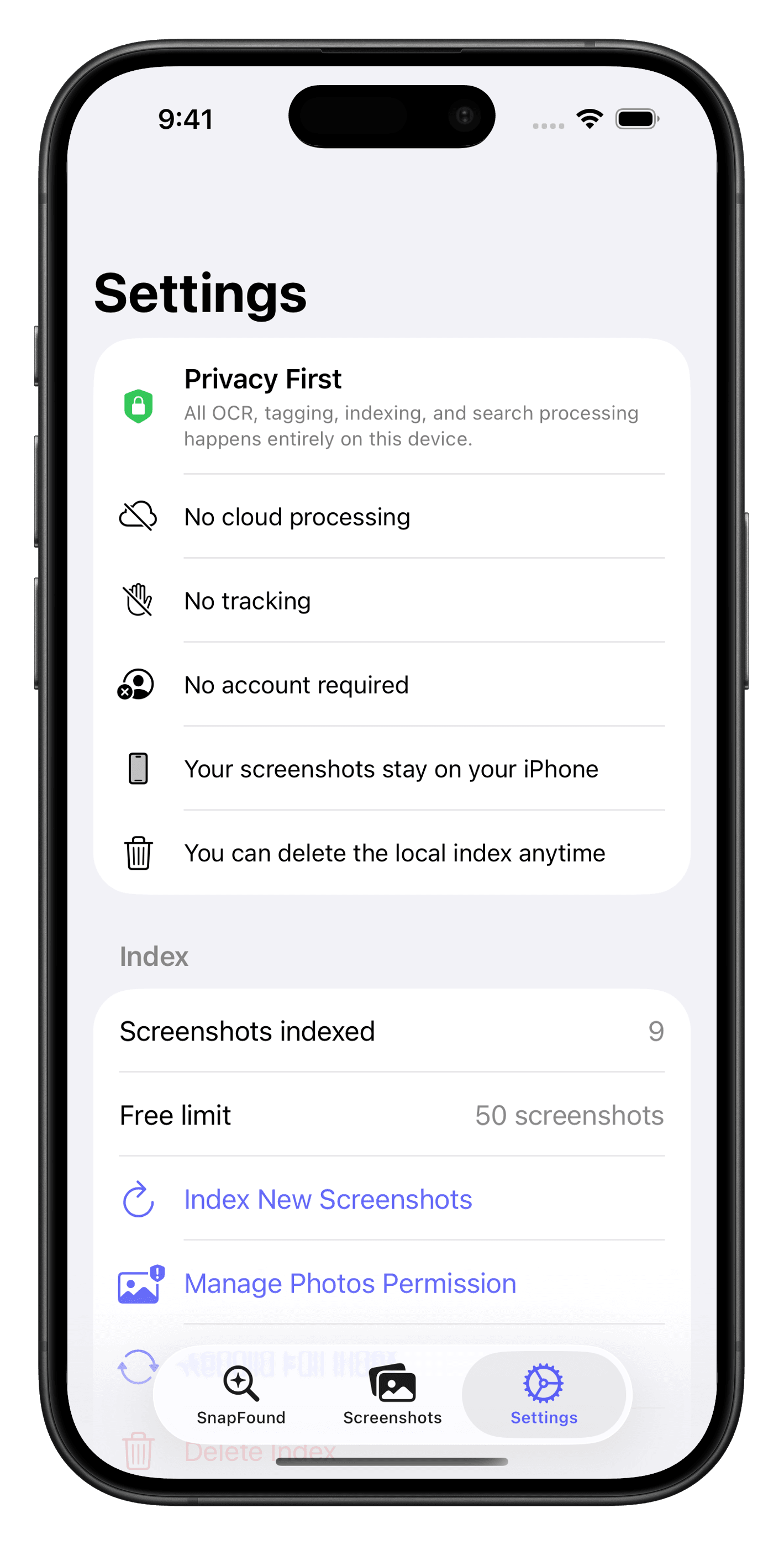 SnapFound on-device OCR processing screenshots privately on iPhone