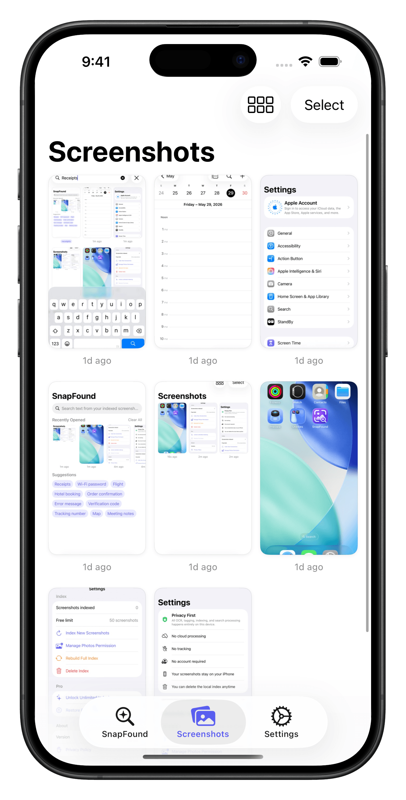 SnapFound screenshot library grid view organized by date on iPhone